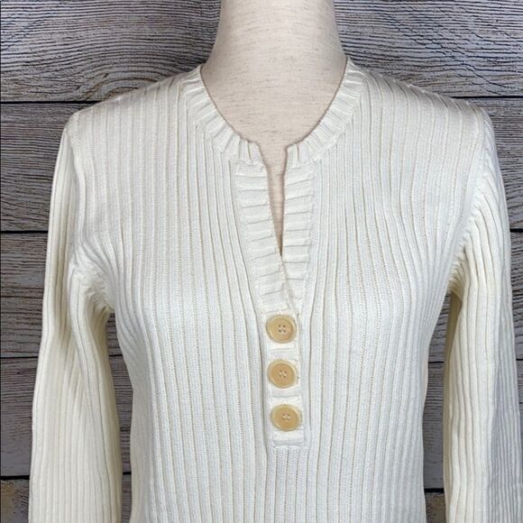 JONES NEW YORK SPORT Cotton Cream Rib Knit Sweater V-neck made in Australia M-L - Picture 2 of 9